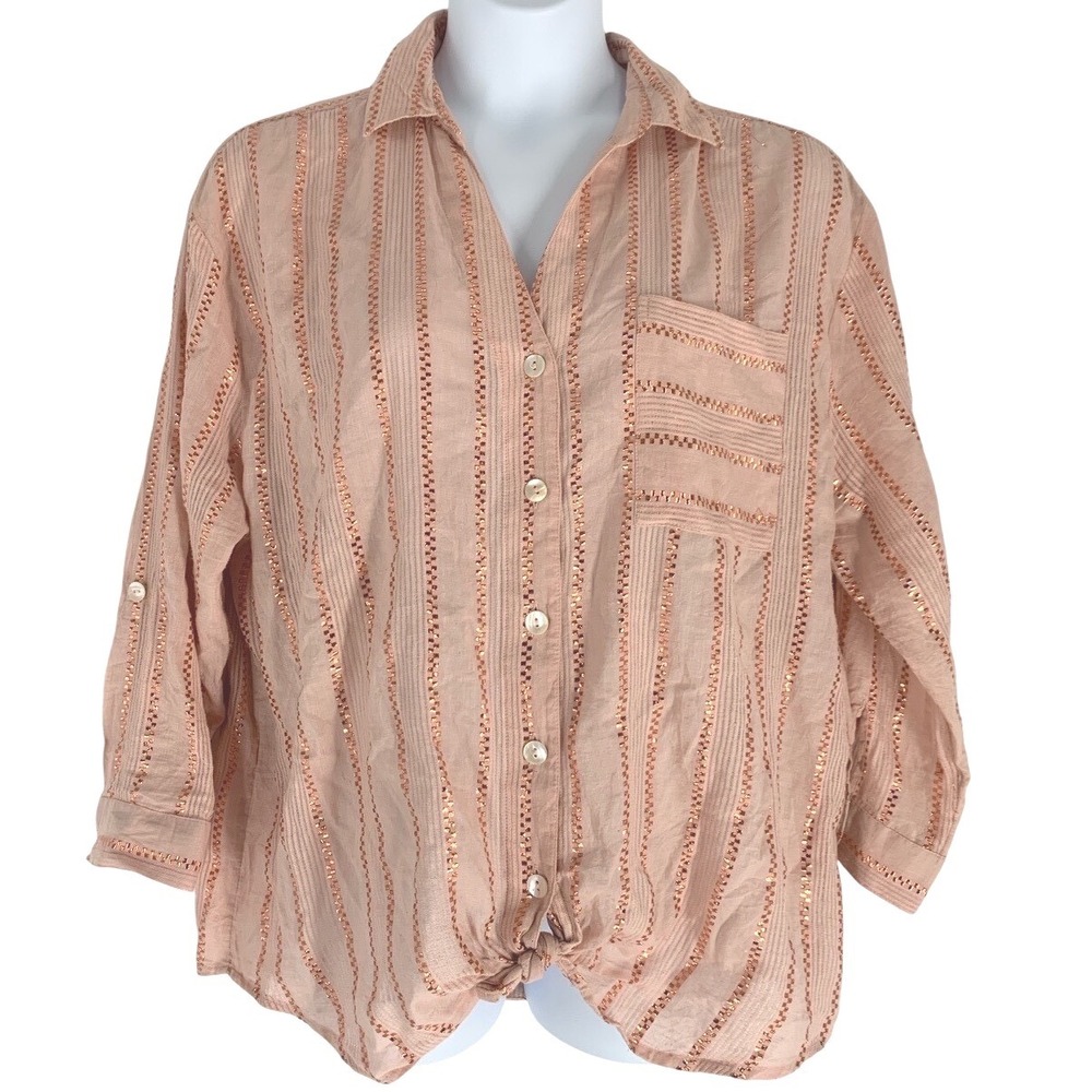 Club Z Collection 2X Blush Metallic Stripe Button Front Tie Hem Blouse